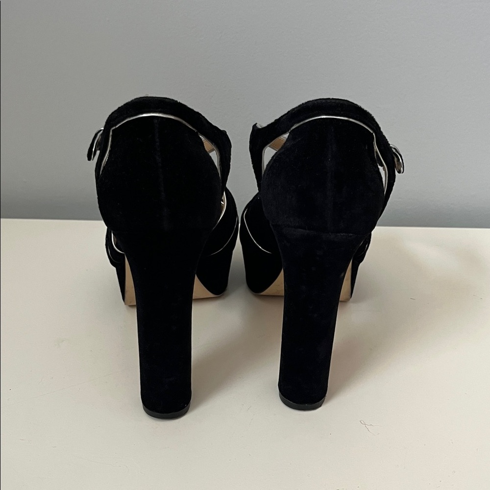 Michael Kors black velvet open toe platform high Heels 7M silver buckle accent - Picture 6 of 13